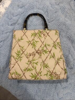 Talbots Canvas Monkey Tote with Green Bamboo & Tortoiseshell Handles